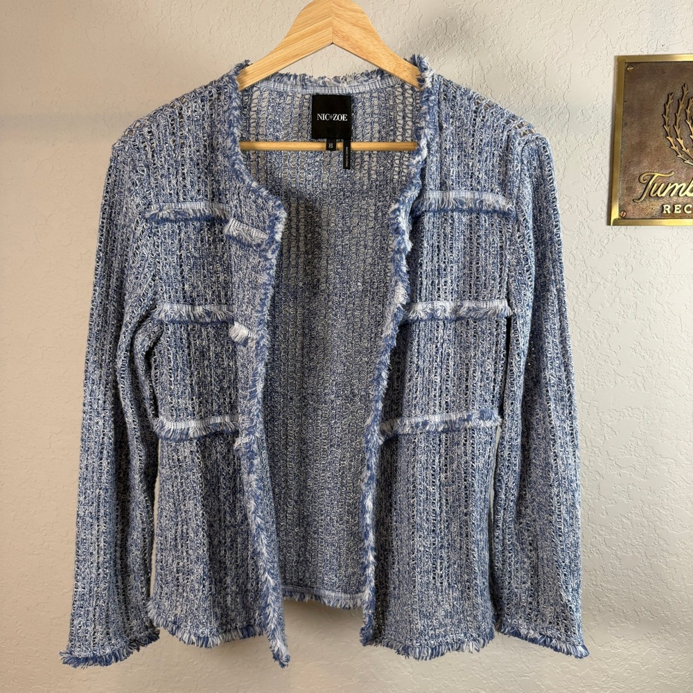 NIC+ZOE Womens Blue White Fringe Trim Open Front Knit‎ Cardigan Sweater XS